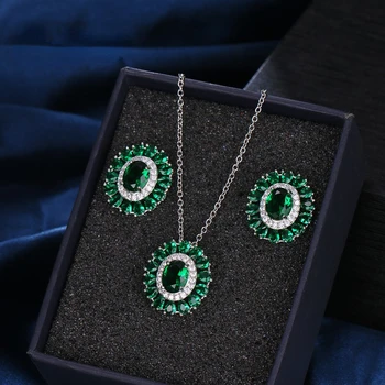 AMC Simplist Smaragdovo Zelená Rround Crystal Zirkón Náhrdelníky Náušnice Šperky Set Svadobné Svadobné Party Doplnky, Darčeky pre Ženy