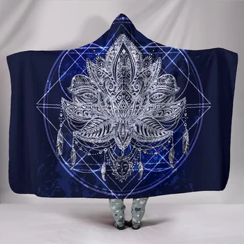 Duchovné Blue Lotus Kapucňou Deka - Posvätná Geometria Hodiť, Jóga Darček, Hippie Festival, Zložité Kvet, Mäkké Nositeľné Bl