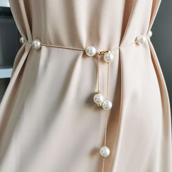 Elegantné Pearl Žien Pás Jednoduchý Nastaviteľný Kovový Tenký Reťazca Pás Pre Dámy Šaty Chudá Opasok Dekoračné Šperky
