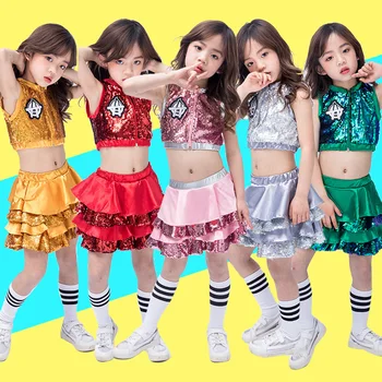Hip Hop Tanečné Kostýmy Deti Sequined bez Rukávov Top Sukne Fáze Oblečenie Dievčatá Cheerleading Dieťa Street Dancing Oblečenie DNV10137