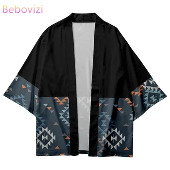 Japonský Streetwear Geometrie Kimono Cardigan Ženy Muži Yukata Harajuku Haori Župan Cosplay Kimono Tričko Tradičné Oblečenie