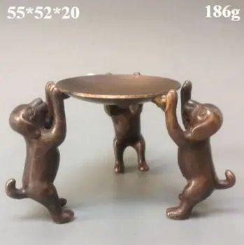 Komplikovaný Čínske staré medené tri stojace psov sochy Lampa sviečkový