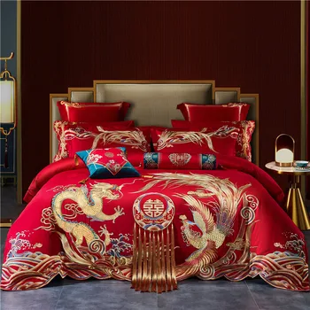 Luxusné 4/6/9Pcs Čínske Svadobné Saténové Žakárové posteľná bielizeň Nastaviť 1000TC Egyptskej Bavlny Zlato Dlho Phoenix Strapec Deka Kryt prehoz cez posteľ
