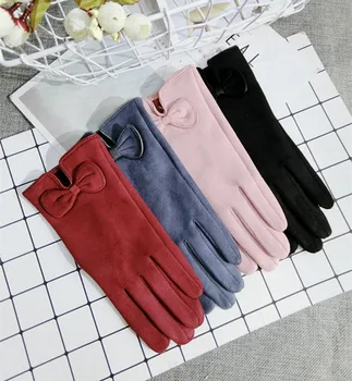 Nový kórejský dotykový displej rukavice vlna luk teplé pletené ženy jar zimné rukavice červená, ružová, šedá, čierna elegantné rukavice