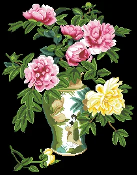 Pivónia kvetinové vázy cross stitch balík, ružová, žltá aida 18ct 14ct 11ct mazurkou ľudí auta výšivky HOBBY ručné vyšívanie