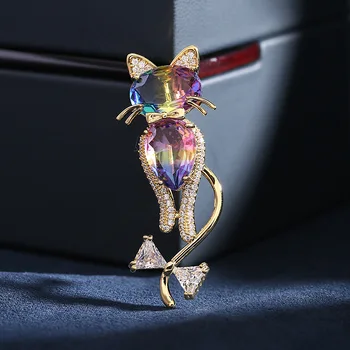 Sladké Roztomilý Mačka Brošne retiazky na Ženy Dizajn Vyhlásenie Gradient Crystal Zvierat Brošňa Šperky Cubic Zirconia Corsage