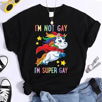 Vtipné Jednorožec Nie som Gay, som Super Gay Fashion T-shirt Zábavné Vzor Vytlačené Tričko Ženy Každodenné Bežné Krátky Rukáv Topy Tees