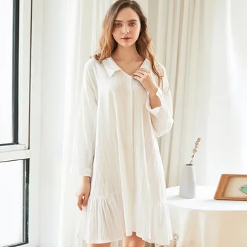 Ženy Bavlna Dlhým rukávom Nightgowns Biela Klope Priateľ Tričko Európskych a Amerických Módnych Sleepwear Sexy Šaty Odev