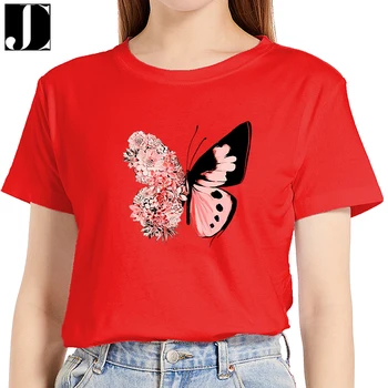 Ženy Príležitostné Letné Denné Grafické Krátky Rukáv Žena Pravidelné Fashion T-shirt Motýľ Kvetina Tlače Dámy okolo Krku Tees Topy