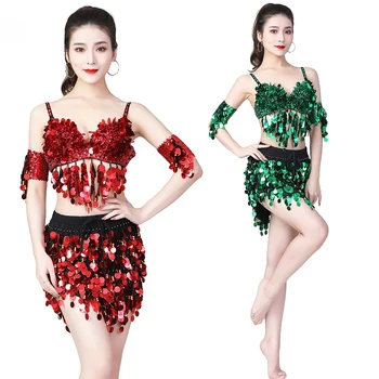 2021 XL Veľkosť Sexy Kostýmy Brušného Tanca Pre Ženy Karnevalové Oblečenie 4-Kusy Strapec Podprsenka Top S Sukne Fáze Výkonu Oblečenie