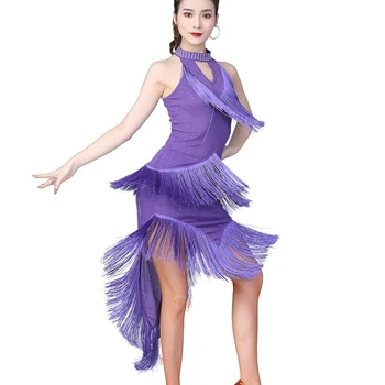 2022 Žena Okolo Mimo Rameno Šaty Fringe Bodycon Šaty Žien Latinské Tanečné Predstavenie Šaty Dancewear Lesklé Lady Party Šaty
