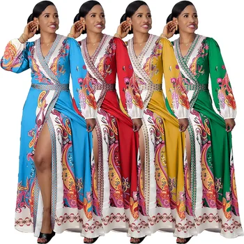 2023 Africkej Tlače Šaty, Jarné Módne Africkej Ženy Dlhý Rukáv V krku Polyester Tlač Dlhé Šaty Maxi Šaty