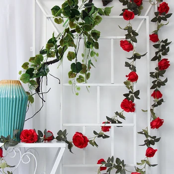 2m Umelé Ruže Kvet Ivy Viniča Svadobné Dekor Skutočný Dotyk Hodvábne Kvety Reťazec S Odchádza Domov Visí Garland Dekor