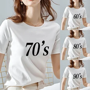 90s~60. rokoch Série Vzor T Shirt Ženy Harajuku Štýl Top O-neck Tričko Biele Streetwear Klasický All-zápas Krátky Rukáv T-shirt