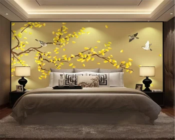 beibehang Prispôsobené moderné zlaté ginkgo ručne maľované pero a kvet nový Čínsky štýl stenu, dekorácie, maliarstvo, 3d tapety