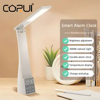 CoRui LED Stolná Lampa S Bluetooth Reproduktor Alarm Teploty USB Nabíjateľné 4-úroveň Stmievania Skladacia Stolná Lampa TF Karty