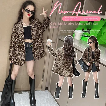 Dievčenské jeseň kabát 2022 nový západný štýl detí leopard tlač oblek, sako