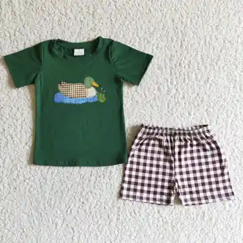 dieťa batoľa boutique oblečenie chlapec kačica výšivky zelenej hore a koberčeky šortky deti oblečenie letné baby boy oblečenie, oblečenie