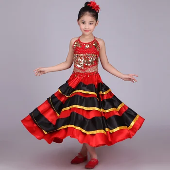 Dieťa Brucho& Flamenco tanec sukne červená španielsky tanec sukne, kostýmy pre dievčatá 360 - 720 stupňov topy a sukne, súpravy