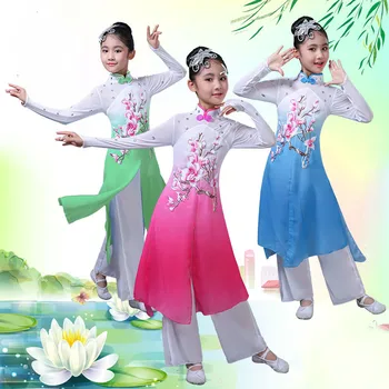 dieťa čínske ľudové tanečné kostýmy dievča výkon ventilátora tanečných kostýmov, čínsky klasický dáždnik tanečné oblečenie pre divadelné kostýmy 90
