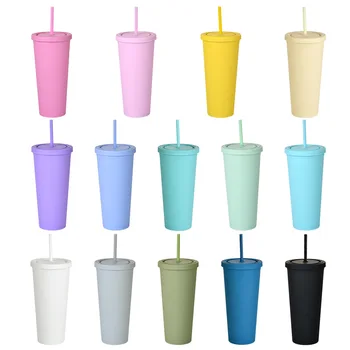 Double-layer plastové slamy pohár 24 OZ šálku kávy môže byť prispôsobený tlač kužeľ vody pohár matné ruke pohár