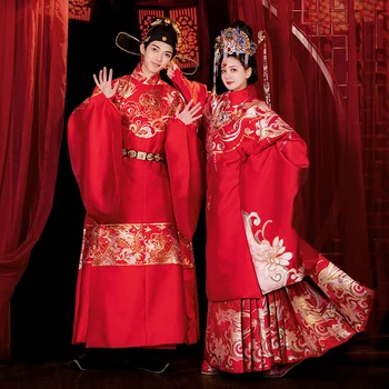 Dynastie Ming Svadobné Šaty Nový Pár Červená Hanfu Vyhovovali Čínskej Tradičnej Dávnych Oblečenie pre Mužov a Ženy Festival Dlhé Šaty, DQL6591