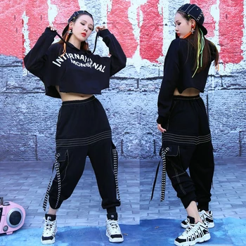 Hip Hop Tanečné Oblečenie Jazz Kostým Čiernej Voľné Mikina s Kapucňou Cargo Nohavice Ženy Street Dance Nosenie Dj Ds Rave Oblečenie DT1042