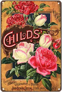 Kovov Cín Znamení Retro Vintage Kvety Art Print/Plagát Ružové Ruže Kvetinový Charakter Rastliny, Kuchyňa, Záhradné Steny Výzdoba 12x8 Palec