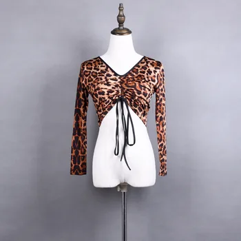 Latinské Tanečné Šaty Šnúrkou Hore Ženy, Nový Národný Štandard Moderný Top Tanečné Šaty Leopard Tlač Dlhý Rukáv V krku Tanečné Nosiť