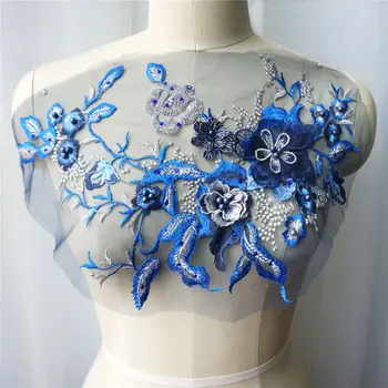 Modrá 3D Kvet Čipky Textílie Korálky Drahokamu Vyšívané Šaty Appliques Golier Oka Šiť Patch Pre Svadobné Dekorácie Šaty urob si sám