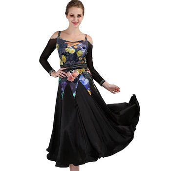 plus veľkosť black kvetina tlače Spoločenský tanec šaty flower štandardné ballroom dance šaty junior ballroom dance šaty mq089