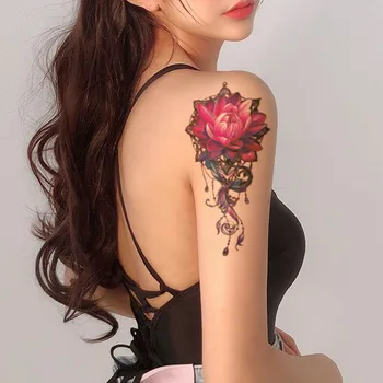 Ružová Lotus Nepremokavé Dočasné Tetovanie Nálepky, Farebné Pierko Šperkov Náhrdelník Falošné Tetovanie Flash Tatoos Ramena Body Art Ženy Muži