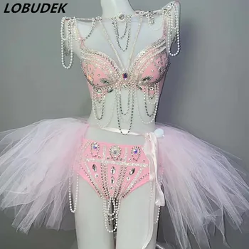 Ružové Perličky, Kamienky Bikini LED Dance Sukne Oblečenie, Bar Club Party Show Ženy Sexy Fáze Nosenie Tanečné Tím Výkon Kostým