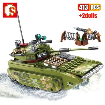 SEMBO 413Pcs Čínskej armády ZTD-5 Obojživelné Útočné Vozidlo Stavebné Bloky High-Tech Panze Bojový Tank Vojny Tehly Hračky Chlapec
