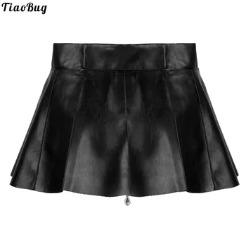 TiaoBug Sexy Dámske Black PU Koža Vysoký Pás Predný Zips Skladaný Mini Sukne Strany Odev Clubwear