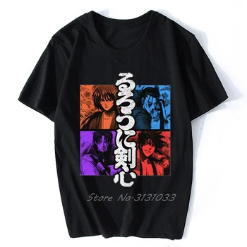 Vintage Ruróni Kenšin T Shirt Mužov Bavlna Úžasné Krátky Rukáv Samuraj X T-shirt Anime, Manga, Kenšin Himura Meiji Šermiar Čaj