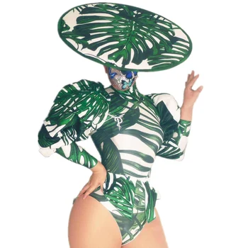 Zelená Lístkového Rukávy Sexy Top A Šortky S Klobúk Tri Kusy Pre Ženy Fashion Show Model Oblečenie Fáze Vykonať Kostýmy