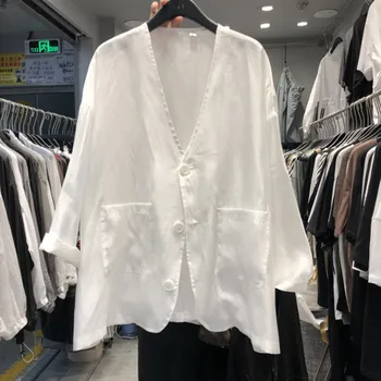 Ľahké Biele Ženy Blejzre 2022 Lete Pevné V-Neck Voľné Vrecku Elegantné Office Lady Outwear Coats Topy