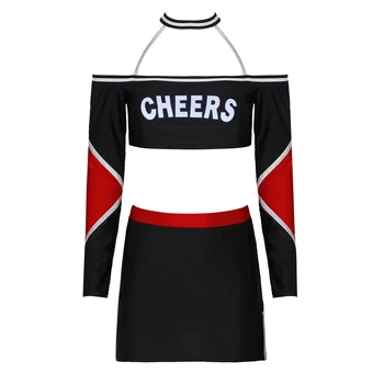 Ženy Cheerleading Úlohu Hrať Set List Tlač s uväzovaním za Dlhý Rukáv Plodín Top s Split Minisukňu Kostým, Oblek Fáze Výkonu