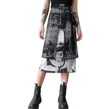 Ženy Gotický Punk Vysoký Pás Abstraktné Tlač Čipky Spojov Midi Dlho-Line Sukne