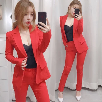 Ženy nohavice obleky obleku žena nový štýl solid farba červená slim módne office lady business OL jednotné dvoch-dielny oblek